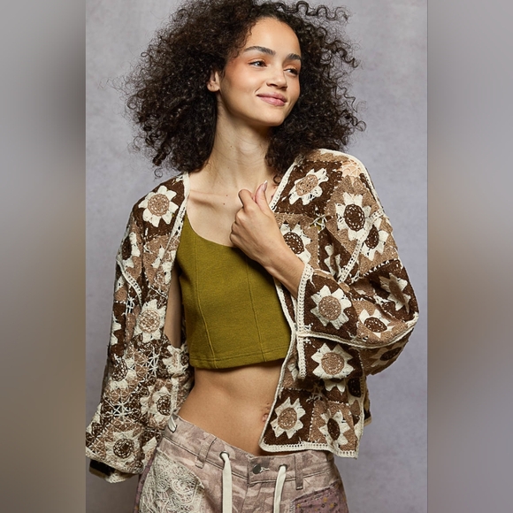 POL Floral Granny Square Crochet Cardigan Retro Boxy Open Front Sweater Openwork - Picture 9 of 16